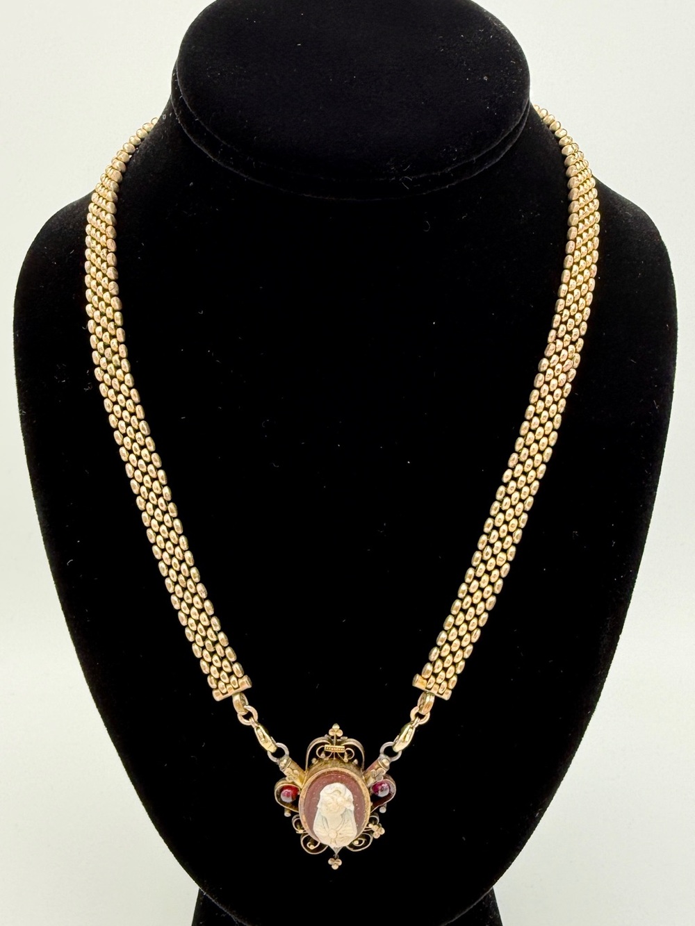 Antique Victorian Cameo Necklace Gold Tone Multi Strand 19.5”